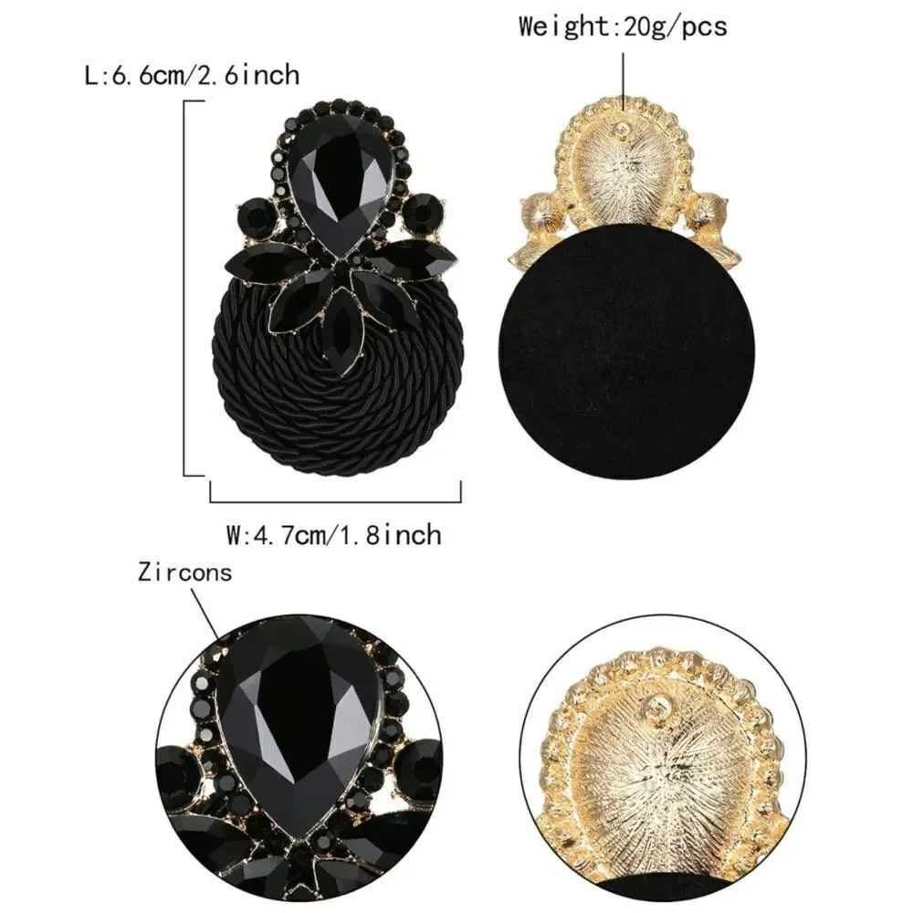 Yellow Gold and Black Onyx Crystal Floral Cluster Rattan Post Statement Earrings